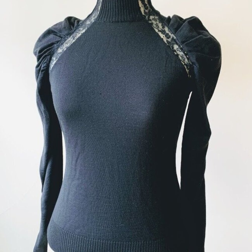 Stella McCartney Black Lace Accent Ruched Turtleneck Sweater Top Sz 44